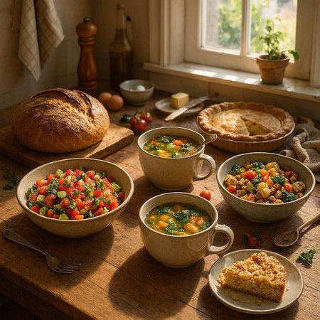 Vegetable soup with chickpeas, tomatoes and broccoli in bowls on rustic wooden table
