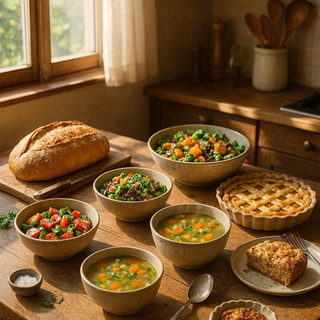 Various vegetable salads in bowls on a rustic wooden table with breadの写真素材