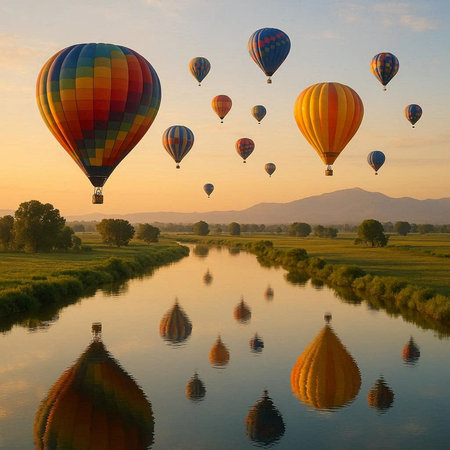 Hot air balloons flying over the river at sunrise. 3d rendering