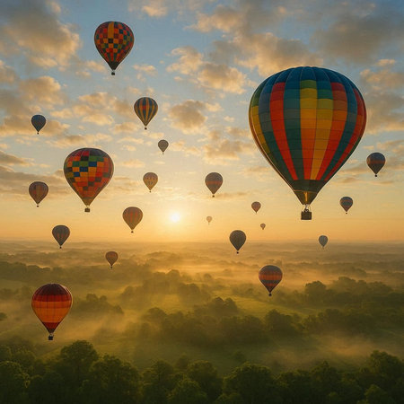 Hot air balloons flying over the foggy valley at sunrise, 3d illustration