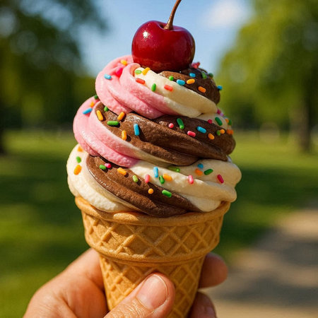 Ice cream in waffle cone with cherry and colorful sprinkles.の写真素材