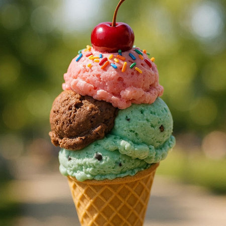 Ice cream cone with cherry and chocolate chip cookies on blurred background.