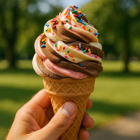 ice cream in a cone in the hands of a girl close-upの写真素材