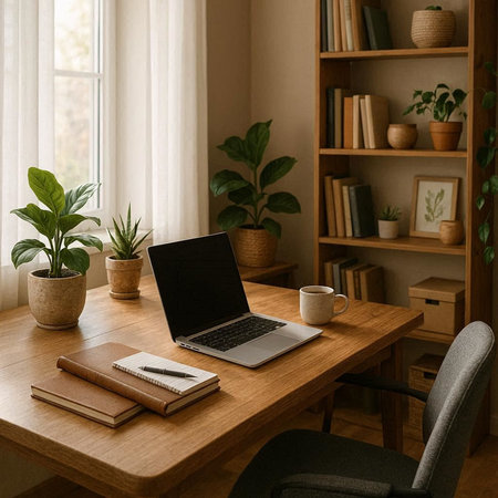 Laptop on a wooden table in a cozy room with a cup of coffeeの写真素材