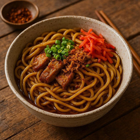 japanese udon noodles with pork and vegetables on wooden background