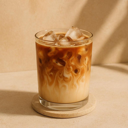 Iced coffee in a glass with ice cubes on beige background