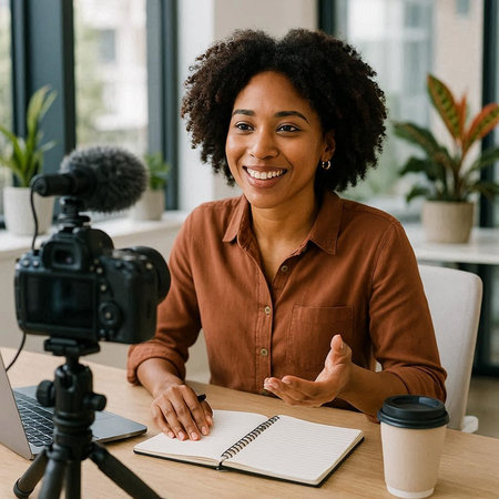 cheerful african american freelancer smiling at camera during video call