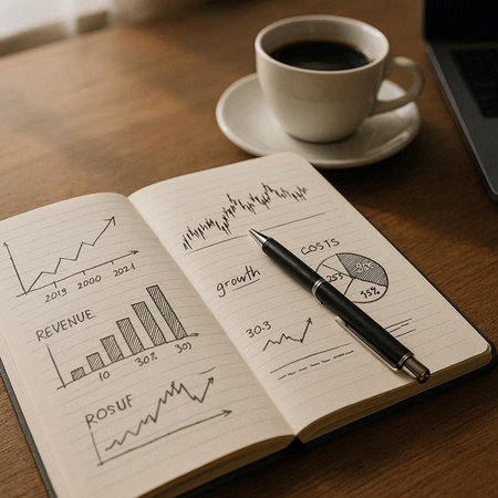 Business Notebook Pen Graph Analysis Marketing Strategy Planning Graphic Diagram Concept
