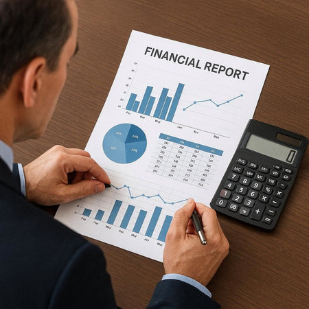Businessman analyzing investment charts with calculator. Accounting and finance concept.