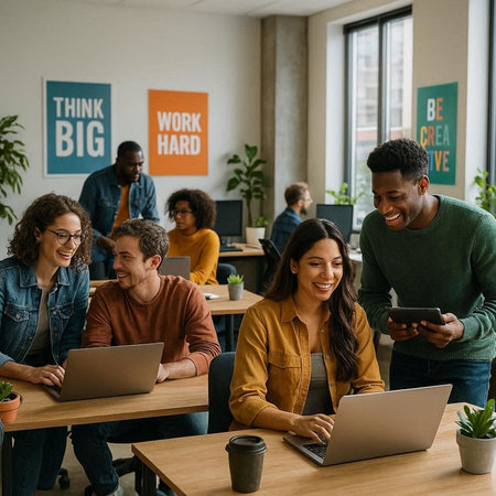 Group of multiethnic young business people working together in a modern office