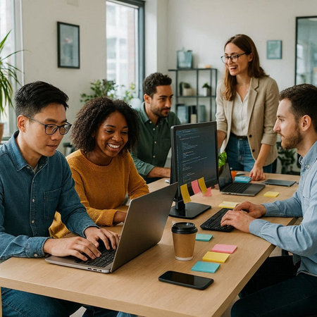 multiethnic startup business team of software developers working on laptop and desktop computer at...