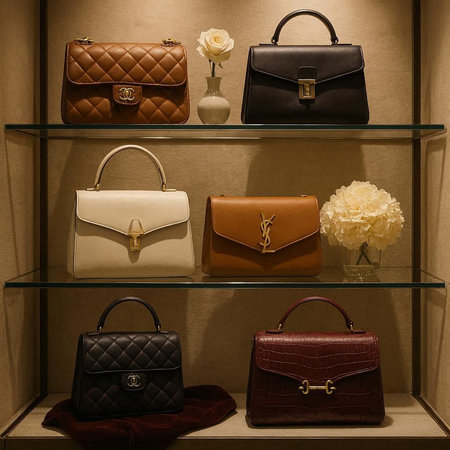 Collection of luxury leather handbags and purses in store window.