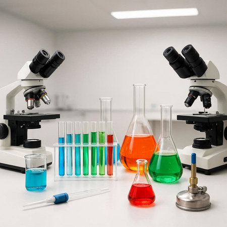 Laboratory glassware with colored liquid on white table, science research concept