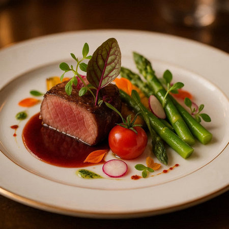 Grilled beef fillet with asparagus and vegetables on white plate