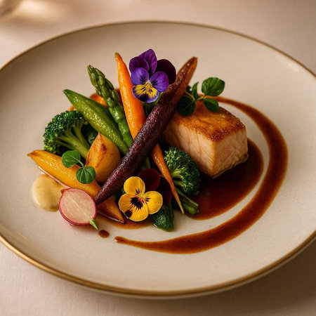 Fish fillet with vegetables on a white plate. Toned.