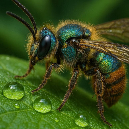 Macro shot of a bee with water droplets on green leaf
