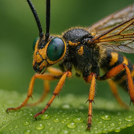 Close-up of a bee on a green leaf with water drops
