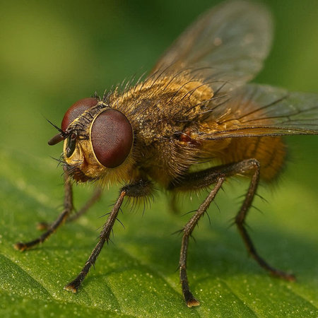 A macro shot of a fly sitting on a leaf with a blurred background.