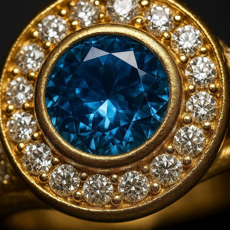 Blue sapphire in gold ring on black background close-up