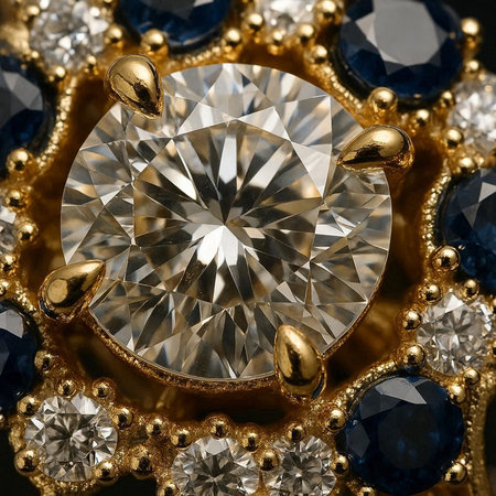 jewelry diamond ring with precious stones on black background, closeup