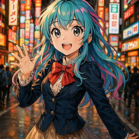 Cartoon anime girl with blue hair in a suit and red tie.