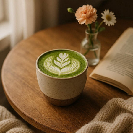 Green tea latte art and book on wooden table, stock photo