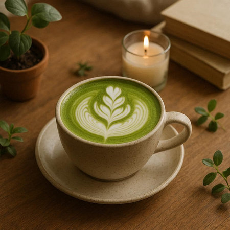 Green tea latte art on wooden table with book and candle.