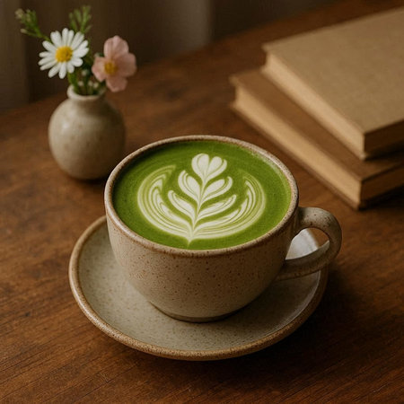 A cup of green tea with latte art on wooden table.