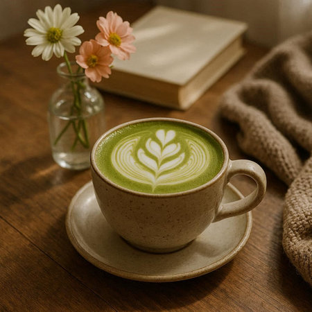 cup of green tea with latte art on wooden table, stock photo