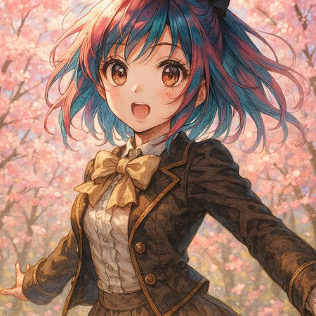 Cherry blossom and girl with blue hair. Digital painting.