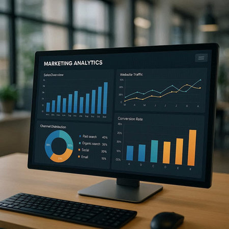 Business Data Analysis Analytics Statistics Concept. Modern computer screen with business data on...