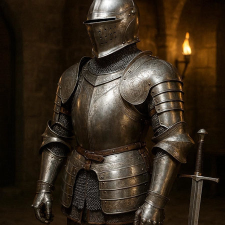 Armour of the medieval knight. Metal protection of the soldier against the weapon of the opponent