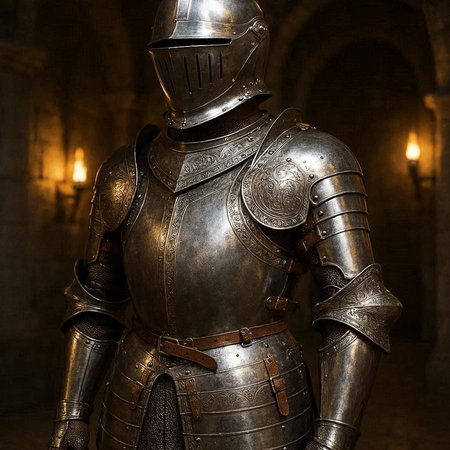 Armour of the medieval knight. Metal protection of the soldier against the weapon of the opponent