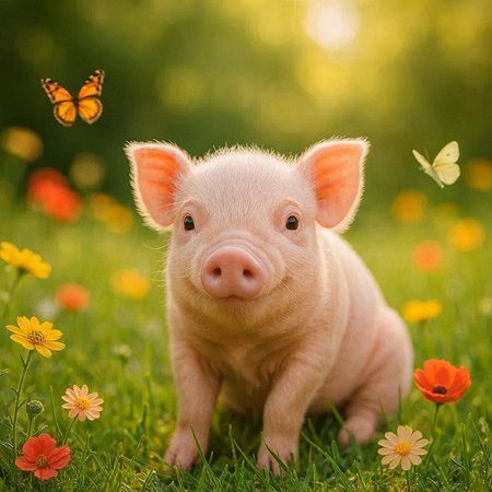 Little piglet on a green meadow with flowers and butterflies.