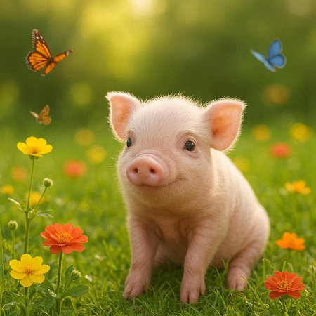Little piglet sitting on green grass with flowers and butterflies in background