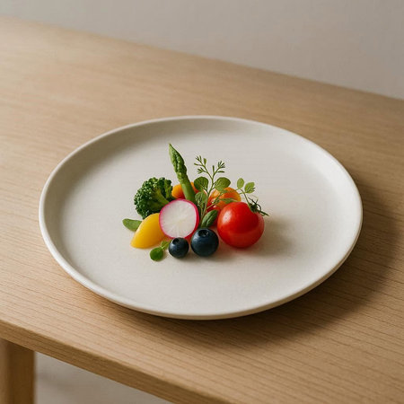 Vegetable salad on a white plate on a wooden table.