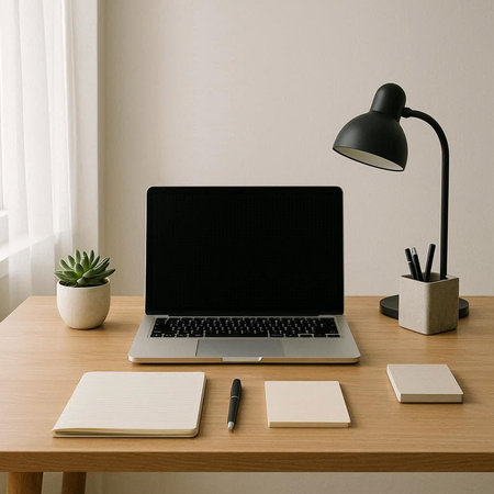Laptop with blank screen, stationery and lamp on wooden table