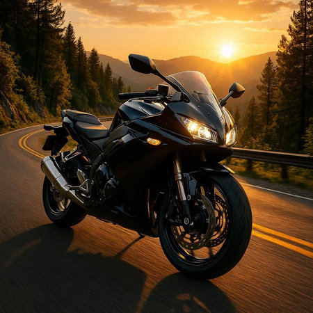 Motorcycle on the road in the mountains at sunset. 3d rendering