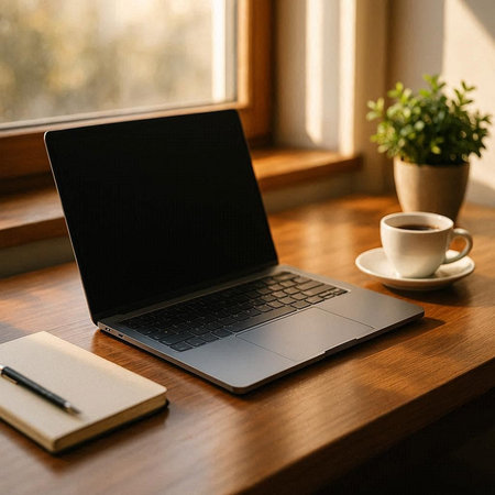 Laptop with blank screen and coffee cup on wooden table in cafe