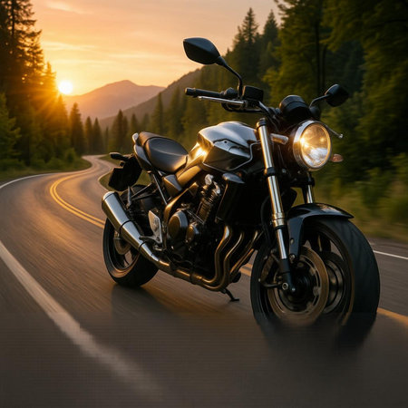 Motorcycle on the road in the mountains at sunset, toned