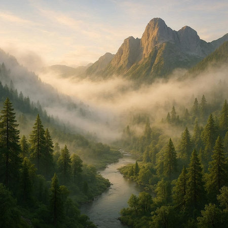 Aerial view of the mountain river in the morning misty forest
