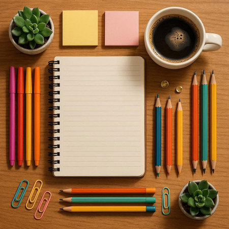 Top view of office desk with notepad, coffee cup and other supplies