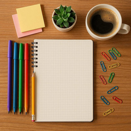 Office desk table with notepad, coffee cup and plant. Top view with copy space