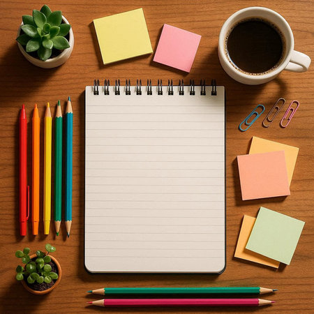 Office table with notepad and coffee cup. Top view with copy space