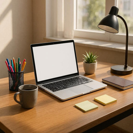 Mockup image of laptop with blank white screen on wooden table in modern office