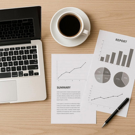 Top view of business workplace with laptop, coffee and graph on wooden table