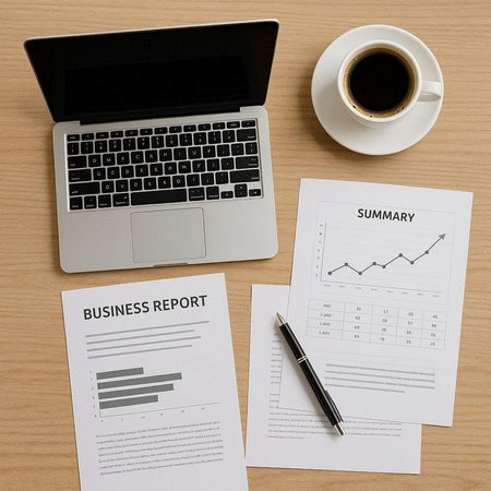 Business report with laptop and a cup of coffee on a wooden table