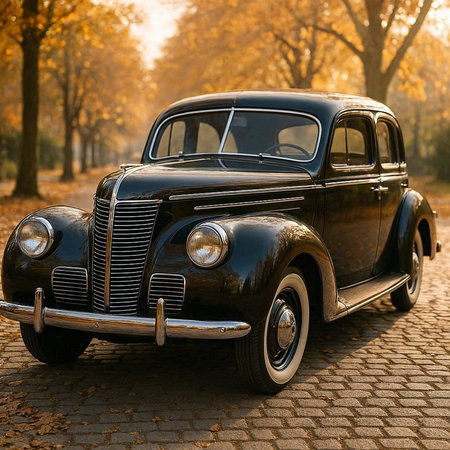 Vintage car in the autumn park. Retro car on the road.