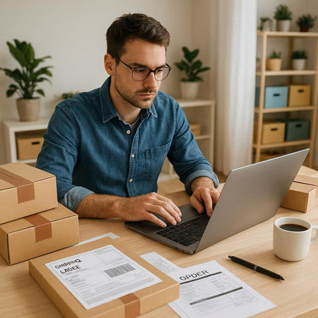 smiling man in eyeglasses using laptop while sitting at workplace with boxes
