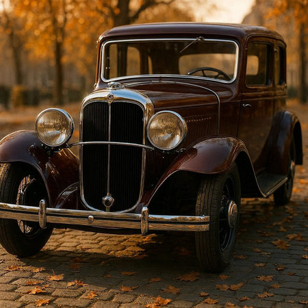 Old car in the autumn park. Retro car. Vintage car.